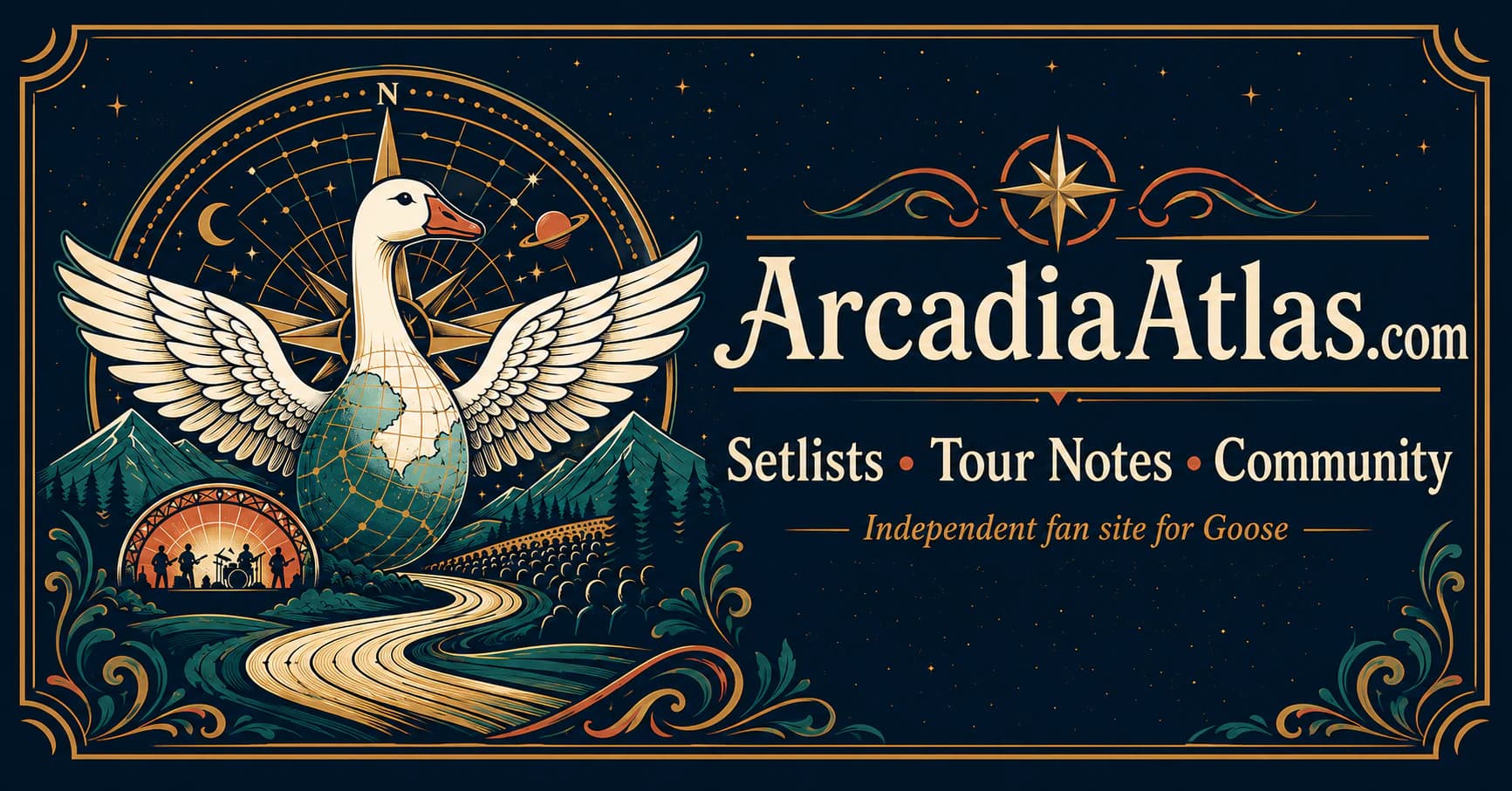 Arcadia Atlas illustrated concert masthead with a flying goose and mountain stage