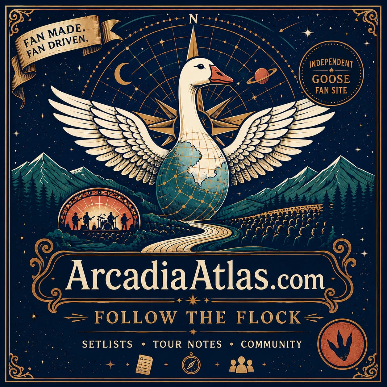 Fan-made Arcadia Atlas poster with a winged goose, mountains, and concert crowd